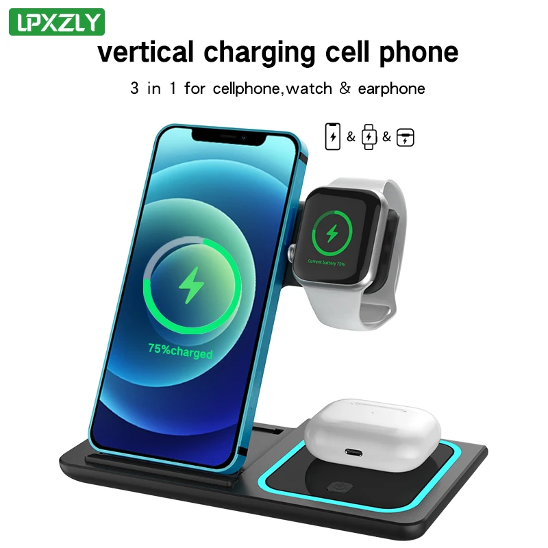 Soporte de cargador inal&aacute;mbrico QI 3 en 1 para iPhone 12, 11, XS, XR, 8, Apple Watch, Airpods Pro, 20W, estaci&oacute;n de carga r&aacute;pida para Samsung S21, S20-0