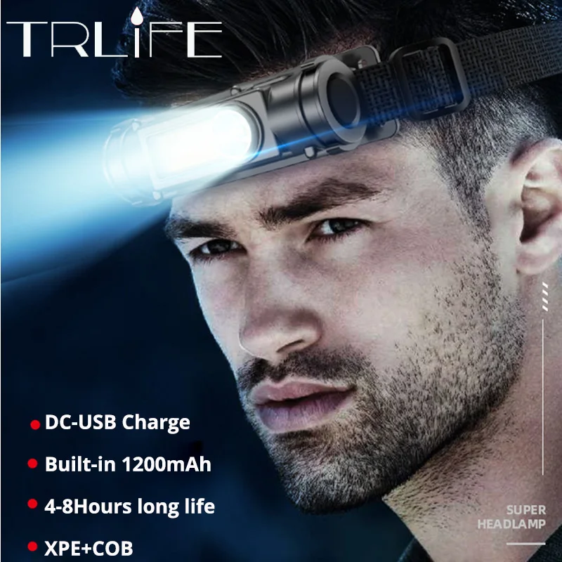 

Прямая поставка, Портативный Миниатюрный светодиодный налобный фонарь XPE + COB на 1200 мАч, Аккумуляторный USB-фонарь для кемпинга, налобный фона...