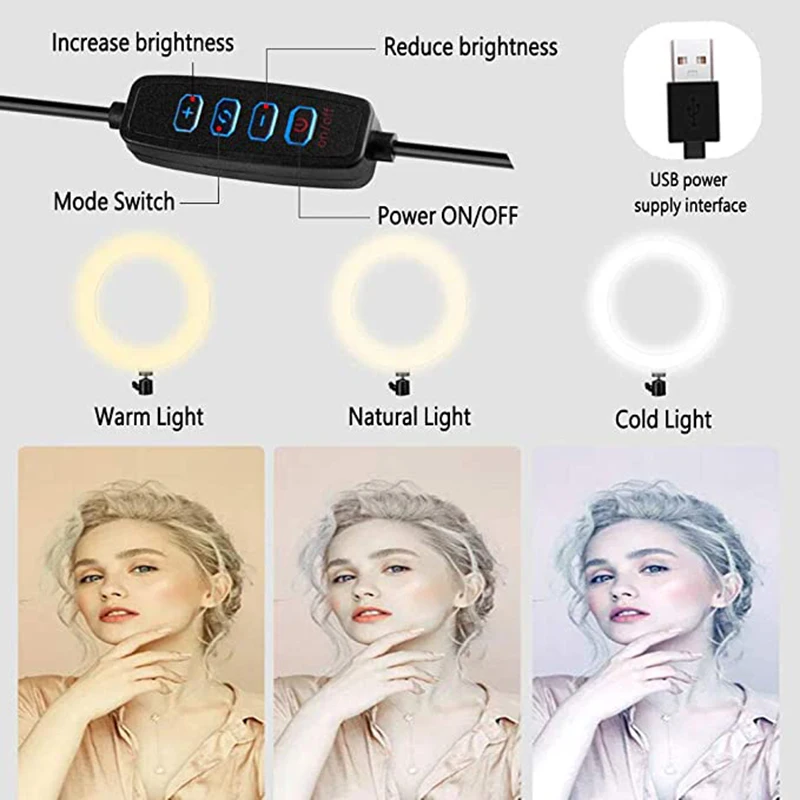 

10 Dimmable Ring Light 3 Colors USB Powered with Wireless Remote Control for Makeup Photography LED Lighting for tiktok