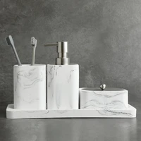 Bathroom Accessory Set Soap Dispenser Cotton Jar Mouthwash Cup Imitation marble TumblerToothbrush Holder and Tray Marble White