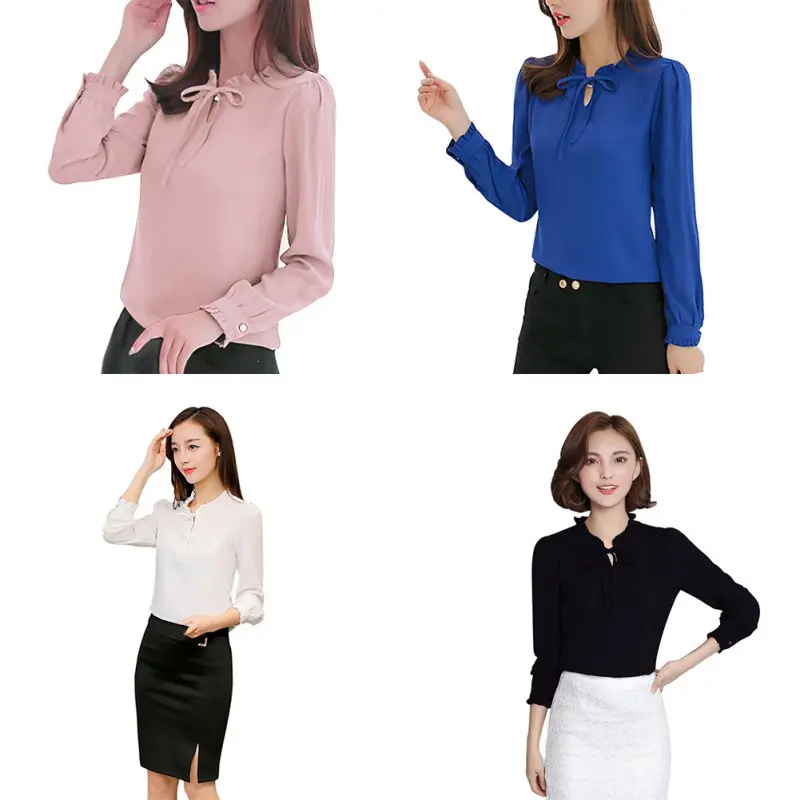 

New Women Shirts Long Sleeve Stand Collar Bow Blouses Ladies Chiffon Blouse Tops Fashion Office Work Wear
