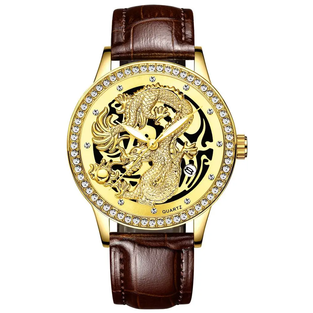 

2020 New Selling Skeleton Dragon Quartz Watch Fngeen Luxury Diamond Dial Business Man Watch Luminous Waterproof Men 'S Gold Watc