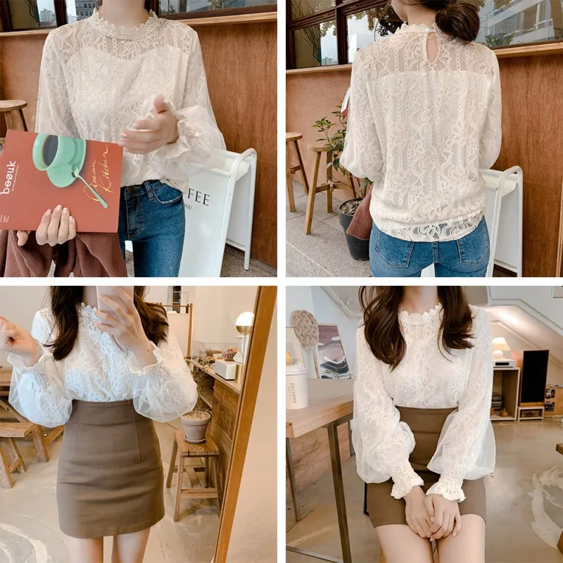 

Summer Women's Loose Casual Shirt Breathable Lace Shirt Sweet Lantern Sleeve Lace Top