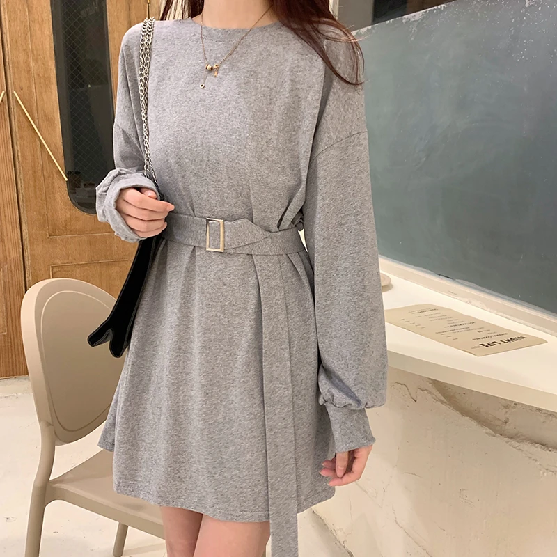 

Women Autumn New Korean Loose Casual Versatile Long Sleeve Round Neck Knee-Length Waistband Dress
