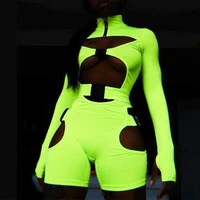 neon color buckle zipper slim fit romper women turtleneck long sleeve skinny playsuit streetwear waist band cut out bodysuits