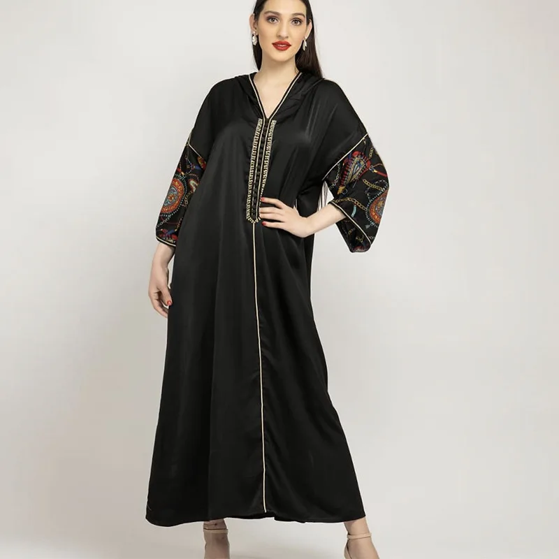 Женское платье макси с длинным рукавом, черная абайя в мусульманском стиле, с V-образным вырезом, винтажный кафтан с блестками, арабское праз...