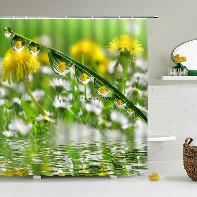

Весенняя занавеска для душа с зелеными растениями, водонепроницаемая занавеска для ванной комнаты, Высококачественная Полиэстеровая ткан...