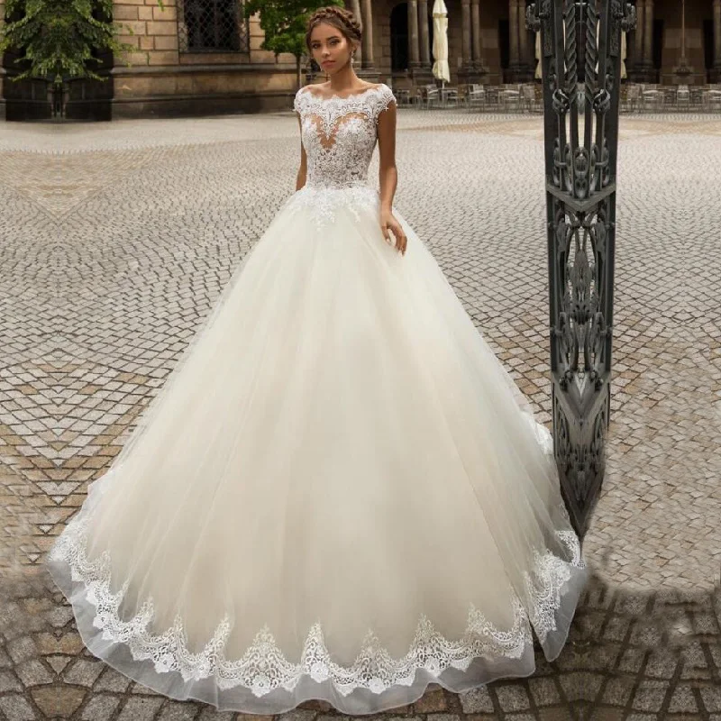 Гламурное свадебное платье трапециевидной формы Vestido de Noiva Robe de Mariee Trouwjurk из кружева, с вырезом на шее Аппликации Свадебные платья с глубоким вырезом на спине