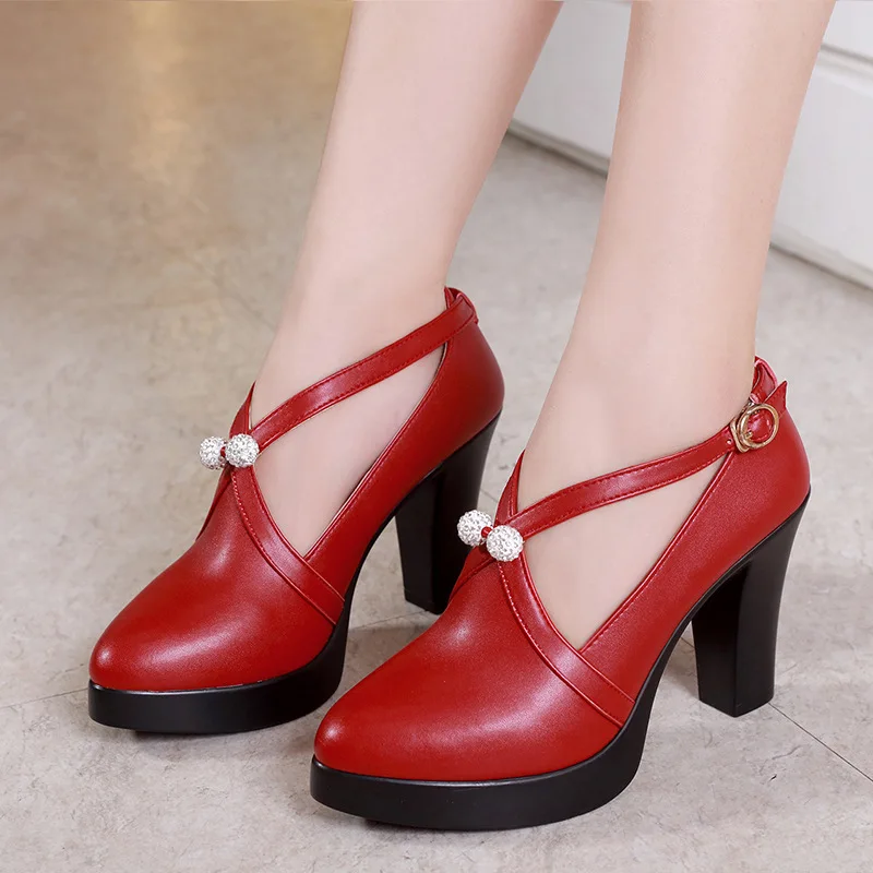 red 8.5cm heel Качественные черные и красные туфли-лодочки на квадратном каблуке Женская обувь на платформе г., весенние туфли-гладиаторы на высоком каблуке 11 см для офиса, модель 41, 42 - Цвет: red 8.5cm heel