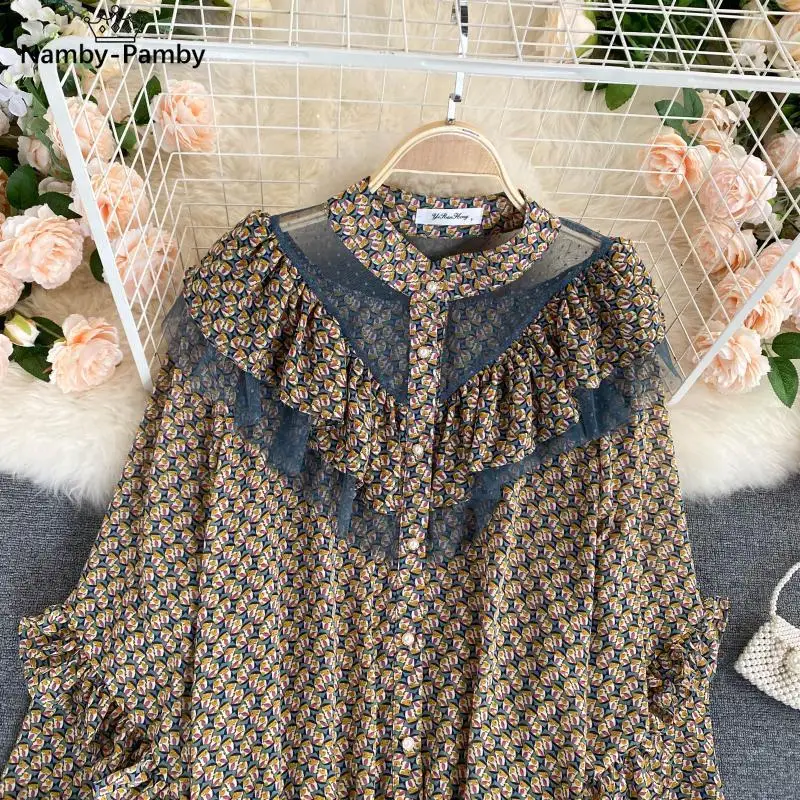 

Women's Chiffon Shirts Female Stamd Collar Ruffles Puff Sleeve Niche Mesh Ruffled Floral Print Female Blusa Top PL607