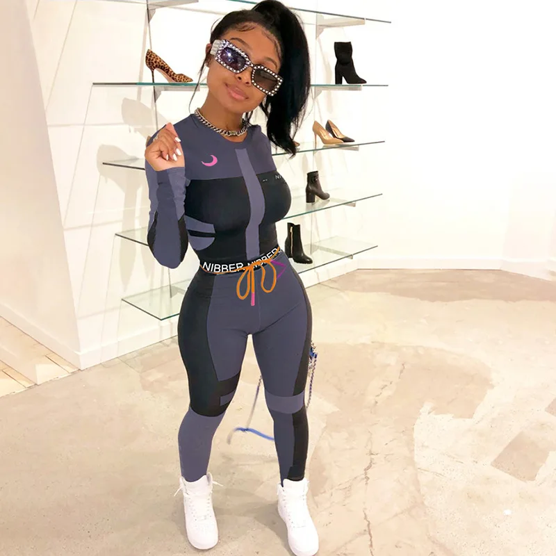 

LAISIYI Women Long Sleeve CropTop Slim Outfit Tracksuit 2PCS Set Letter Print High Elastic Skinny Leggings Female Sportswear