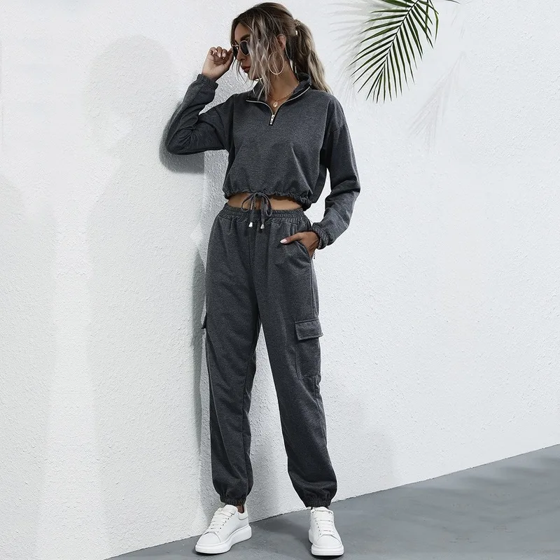 

2021 Winter Fashion Women Set Drawstring Cotton Polyester Tracksuit Top Sets 2 Pieces Sweatshirt and Pants Leaky Belly Clothes