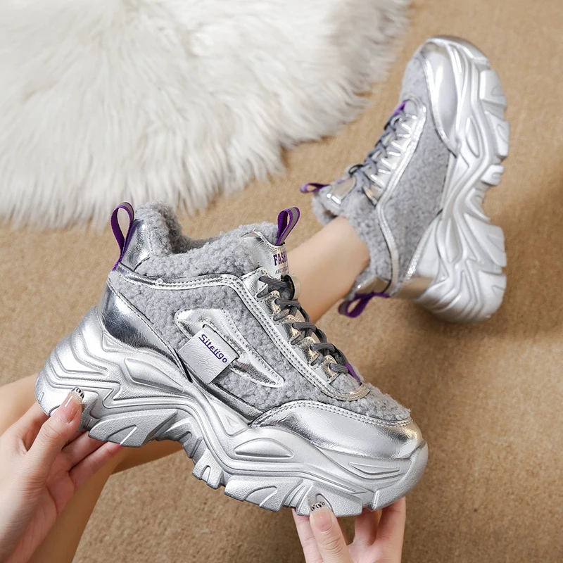 

Rimocy Fashion Lambswool Chunky Sneakers Women Winter Patchwork Warm Fleece Platform Shoes Woman Lace Up Vulcanized Shoes Female