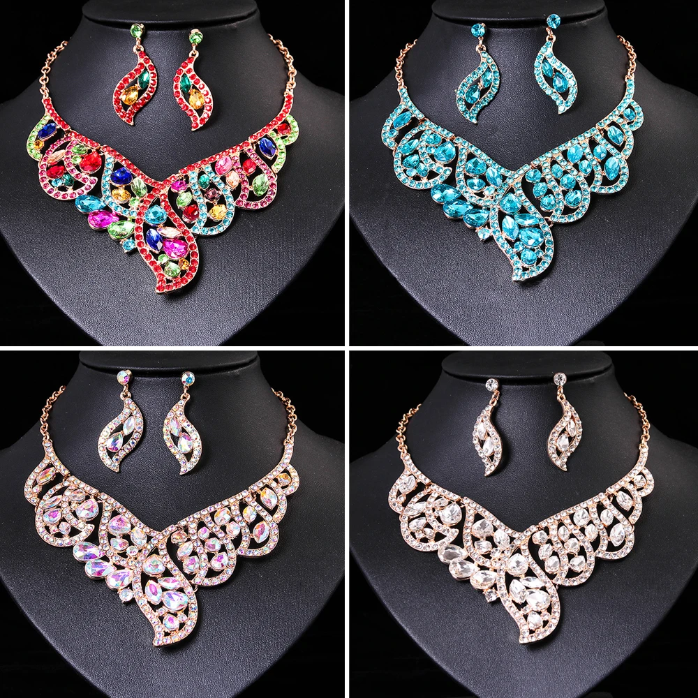 

African Women Rhinestone Crystal Necklace Earrings Set Statement Jewelry Set Bridal Wedding Party Bib Collar Costume Accessories