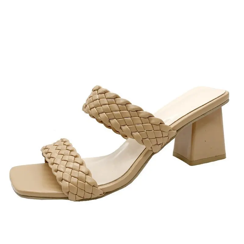 

High-Heeled Shoes Lady Slippers Casual Slides Slipers Women Big Size Square heel Luxury 2021 Summer Block Fabric Rome Rubber Eth