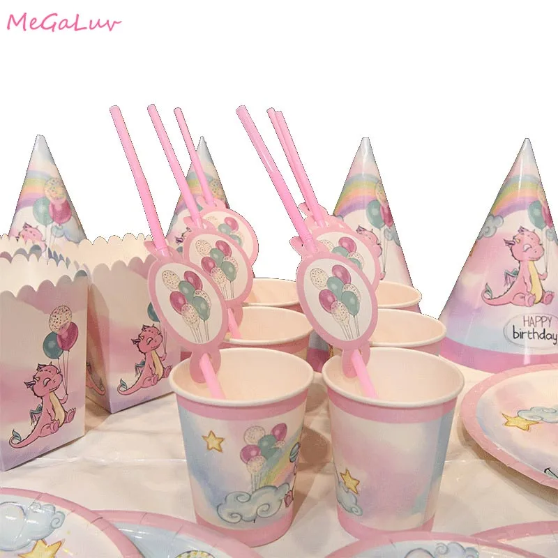 Розовый динозавр вечерние одноразовая посуда бумажные тарелки и стаканы для
