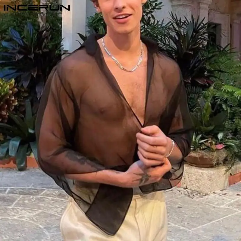 

Men Shirt Deep V Neck Long Sleeve Streetwear Mesh Transparent Sexy Men Clothing Party Tops Breathable Undershirts 2022 INCERUN