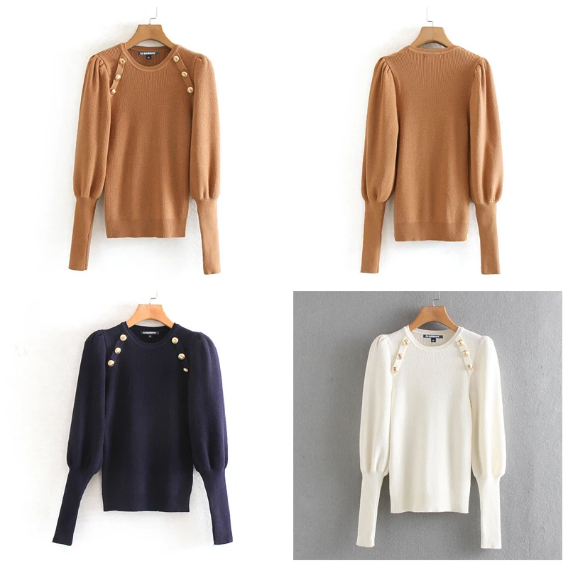 ROHOPO сплошной пышный длинный рукав круглый воротник металлический Бог свитер