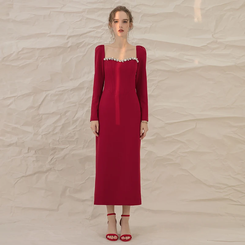 YIGELILA Fashion Women Wine Red Long Dress Elegant Square Collar Full Sleeve Dress Empire Slim Solid Dress Ankle-length 66977