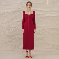 yigelila fashion women wine red long dress elegant square collar full sleeve dress empire slim solid dress ankle length 66977