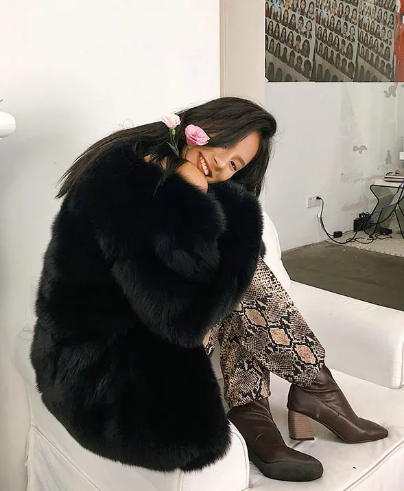 Пальто из искусственного лисьего меха, Женское пальто средней длины, классическое черное меховое пальто