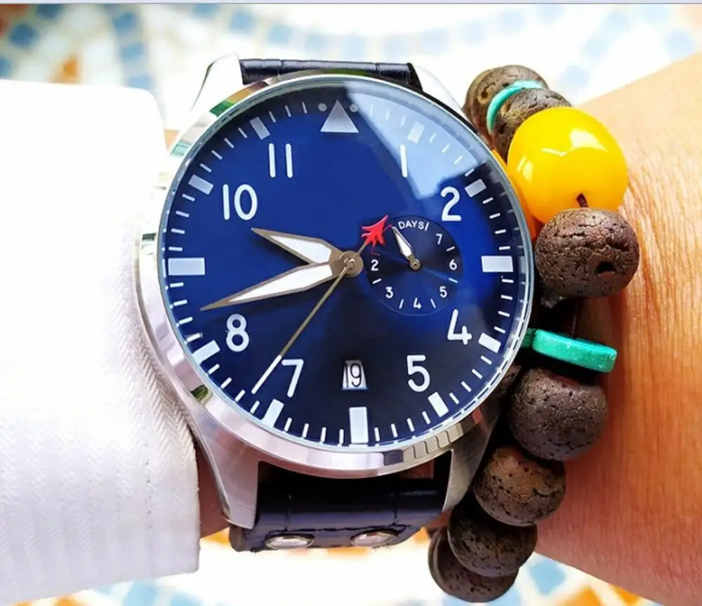 Новый 47 мм синий/черный циферблат автоматические механические часы для мужчин с