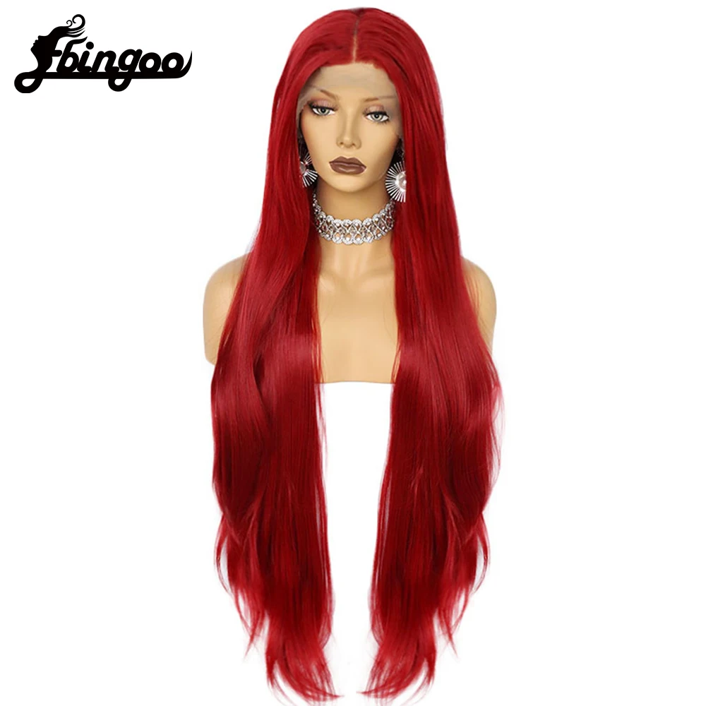 Ebingoo 40Inch 13x1 Red Long Straight Lace Front Wig Natural Hair Straight Synthetic Lace Wigs for Black Women Queen Party