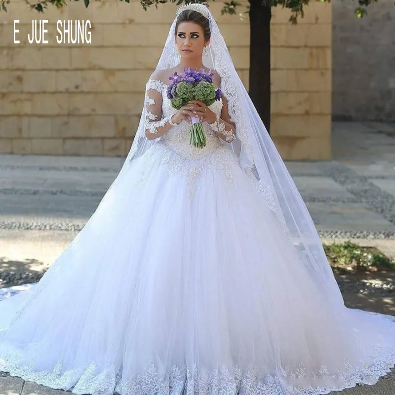 

E JUE SHUNG Vintage Dubai Wedding Dresses Scoop Neck Long Sleeves Lace Up Back Applique Ball Gown Bride Dresses Vestido De Noiva