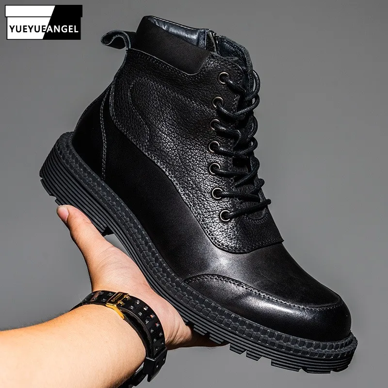 

Мужские высокие ботинки в английском стиле, рабочие защитные ботинки на толстой платформе, на молнии, брендовые байкерские ботильоны в стил...