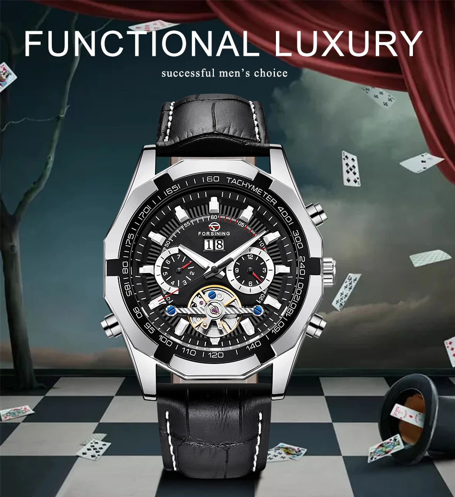 FORSINING, модные мужские Tourbillon, автоматические часы, Серебряный Скелет, кожаный ремешок, военные механические наручные часы, мужские спортивные часы
