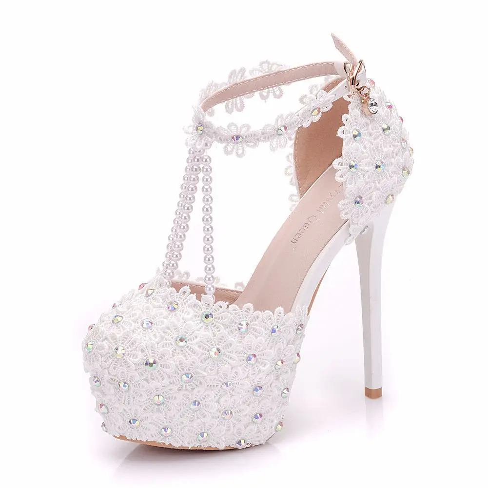 

Туфли-лодочки женские на высоком каблуке 14 см, кружевная водонепроницаемая обувь на платформе, с круглым носком, свадебные туфли, 44 дюйма, ff7