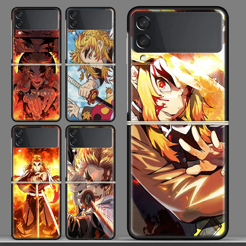 

Demon Slayer Rengoku Kyoujurou Black Phone Case For Samsung Galaxy Z Flip 3 PC Cover ZFlip 3 5G Luxury Art Pattern Bumper Coque