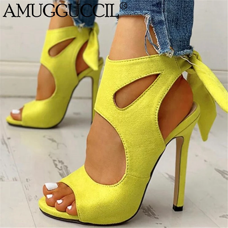 Женские сандалии на шнуровке желтые вечерние туфли высоком каблуке большие