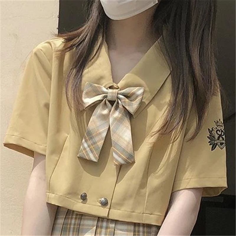 

Students Girls JK Uniform Suits Short Sleeve T Shirt + Pleated Plaid Skirt Summer High Waist Women Dress For School Clothes