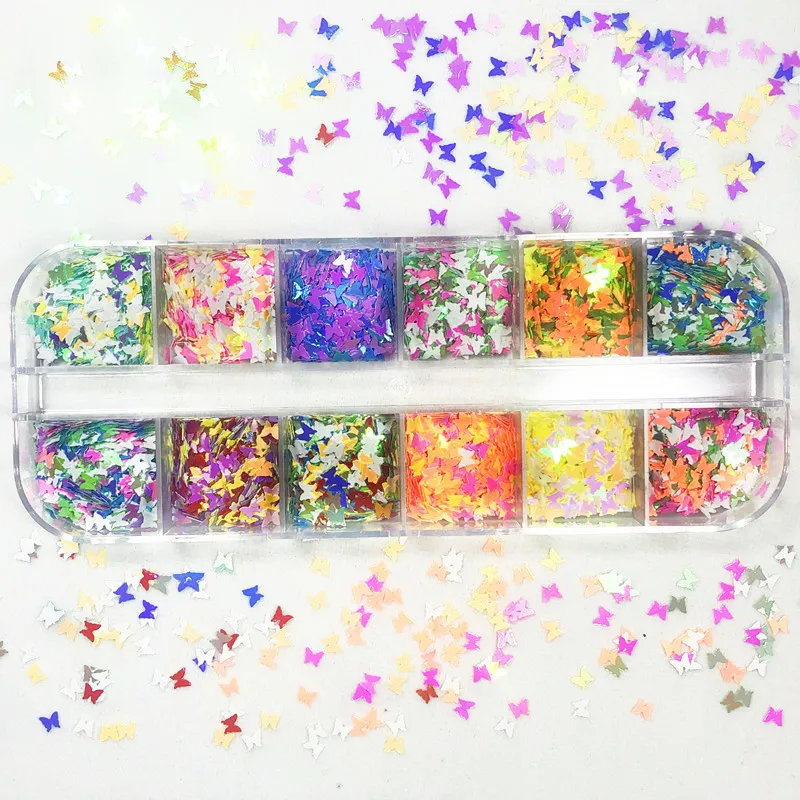 

12 Grids Symphony Colors Shiny Butterfly Spring and Summer Art Nail Art Sequins Decoration Slicing Accessory Tool Nail Design