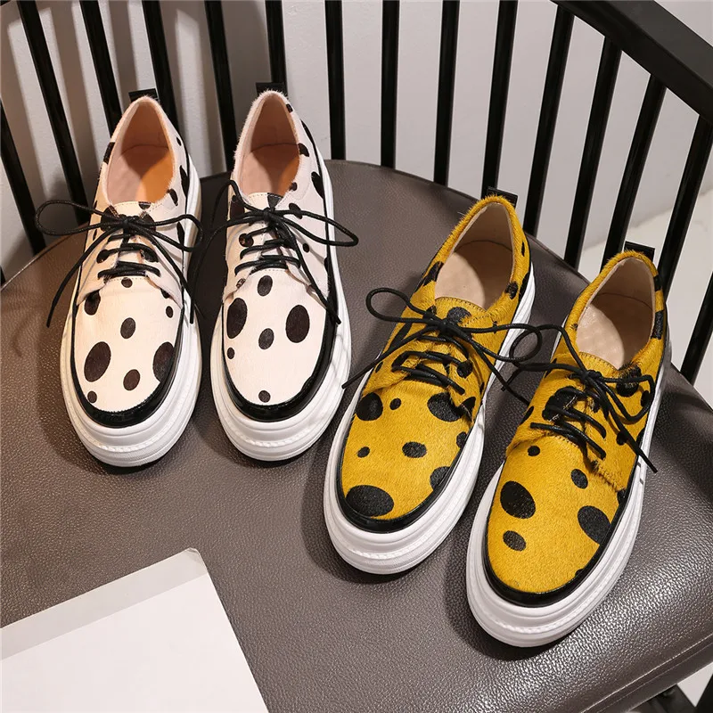 

New Platform Lace-up Loafers Leather Horsehair Single Shoes Leopard Print Flat Casual Shoes Spring Autumn Women Snealers