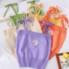 Новинка лета 2020, ТРИКОТАЖНЫЙ УКОРОЧЕННЫЙ ТОП с вышивкой для девочек, милая майка с бантом на шнуровке, короткий топ WX105