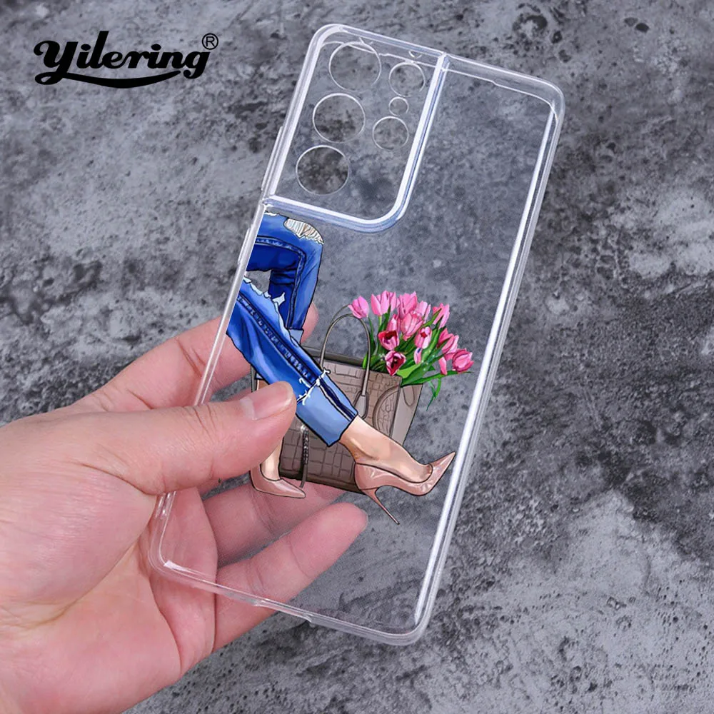 Fashion Soft Transparent Coffee Girl High Heels Phone Case for Samsung Galaxy S22 S23 Ultra S21 S20 FE S21 Plus Ultra Phone Case