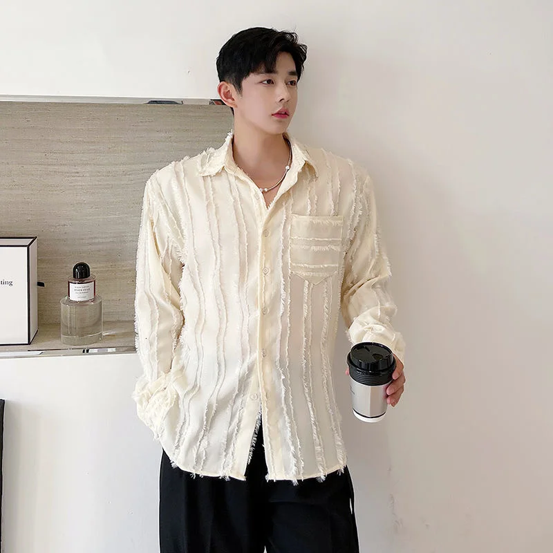 

Рубашка мужская абрикосовая с длинным рукавом, повседневная нишевая сорочка с лацканами и одним карманом, модель 9Y7543 в Корейском стиле, 2021