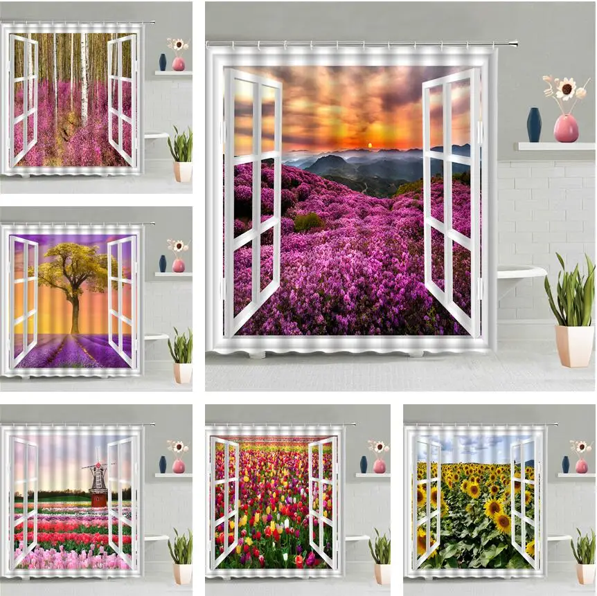 Окно пейзаж с цветком для душа морской Шторы тюльпаны подсолнечника горный лес