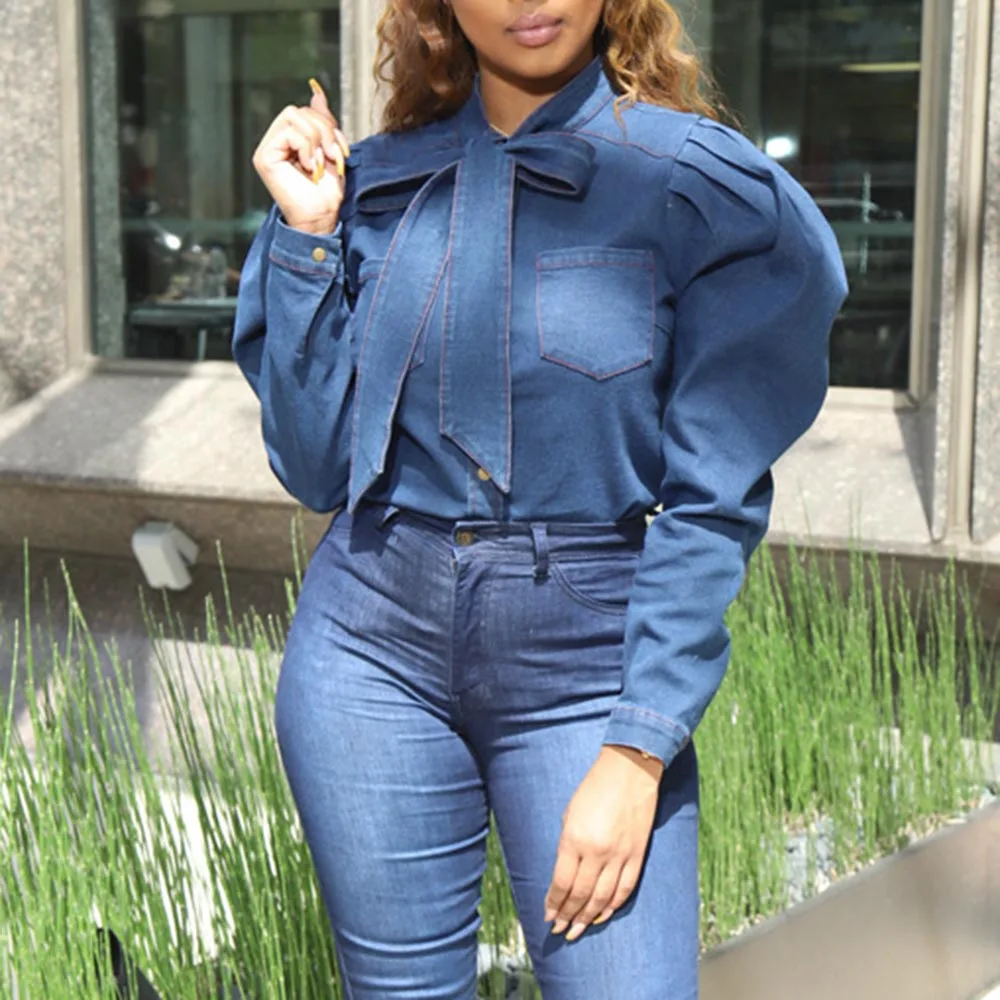 Синяя джинсовая блузка женские топы с рукавами фонариками весна 2020 повседневные