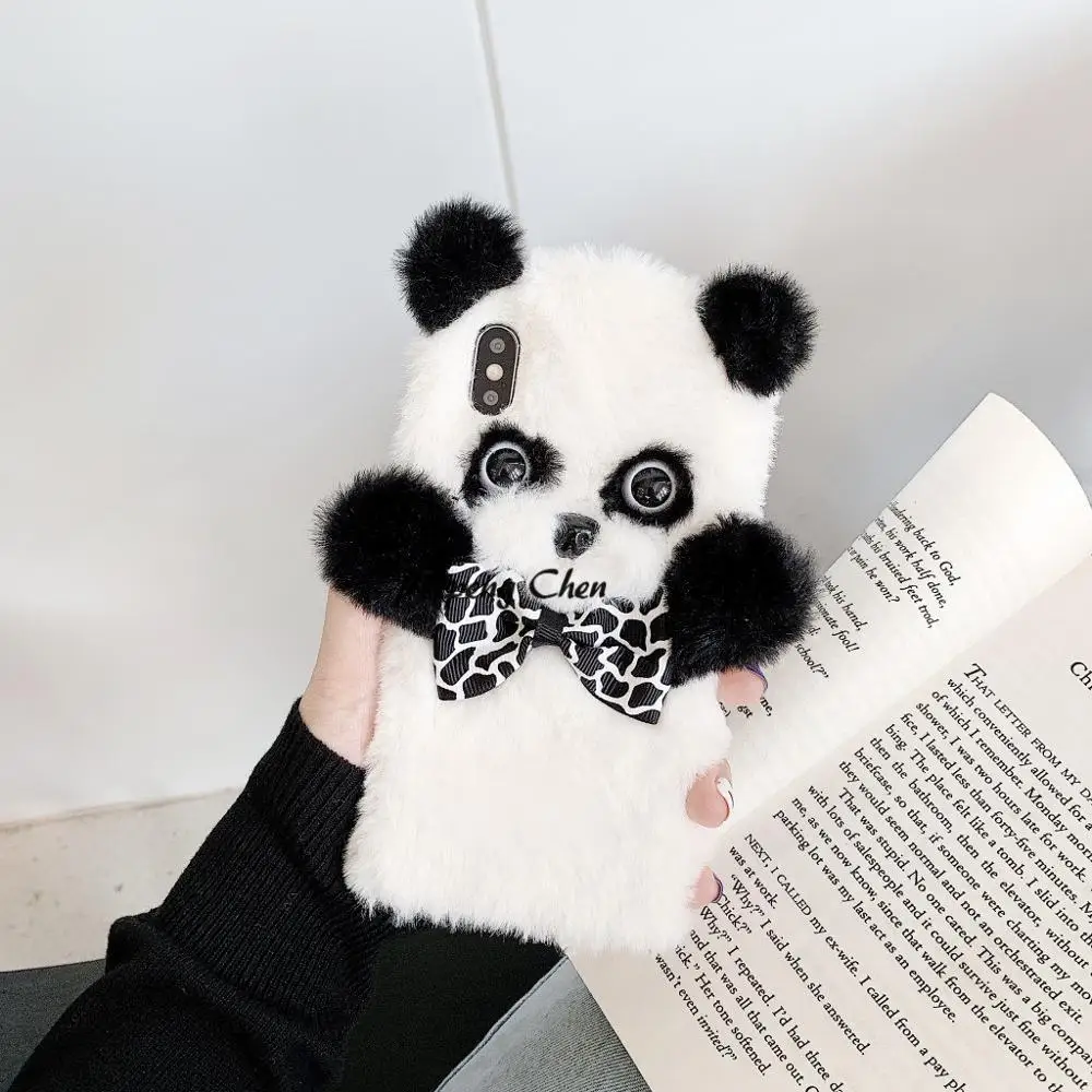 Black panda PEIPENG 3D милый животный плюшевый собачий Пушистый Теплый Меховой чехол для телефона для iPhone 7 Plus силиконовый чехол для iPhone X XS Mas 8 7 6 6s Plus XR - Цвет: Black panda