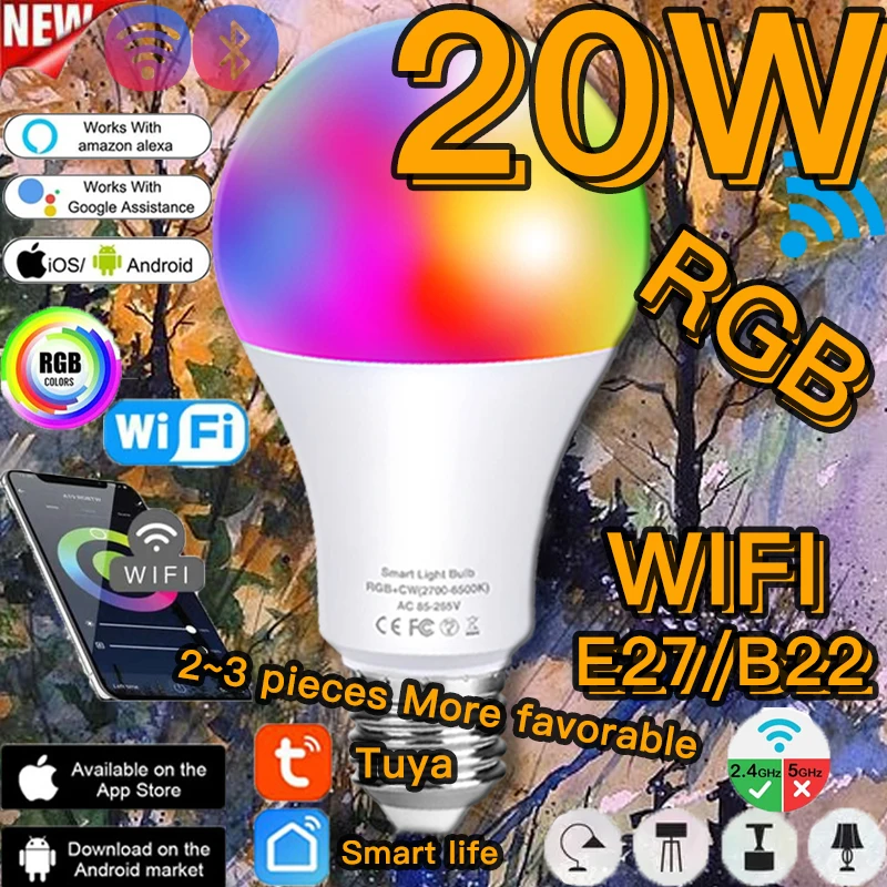 

20W Smart Bulb RGB Lamp Spot Light E27 B22 Change Color RGB Lamp WIFI/IR Remote Control Alexa Google Assistant Table Nightlight