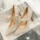 Новинка 2021, женские туфли-лодочки на каблуке, женская обувь, модные свадебные туфли с декоративным жемчугом и стразами, модельные туфли