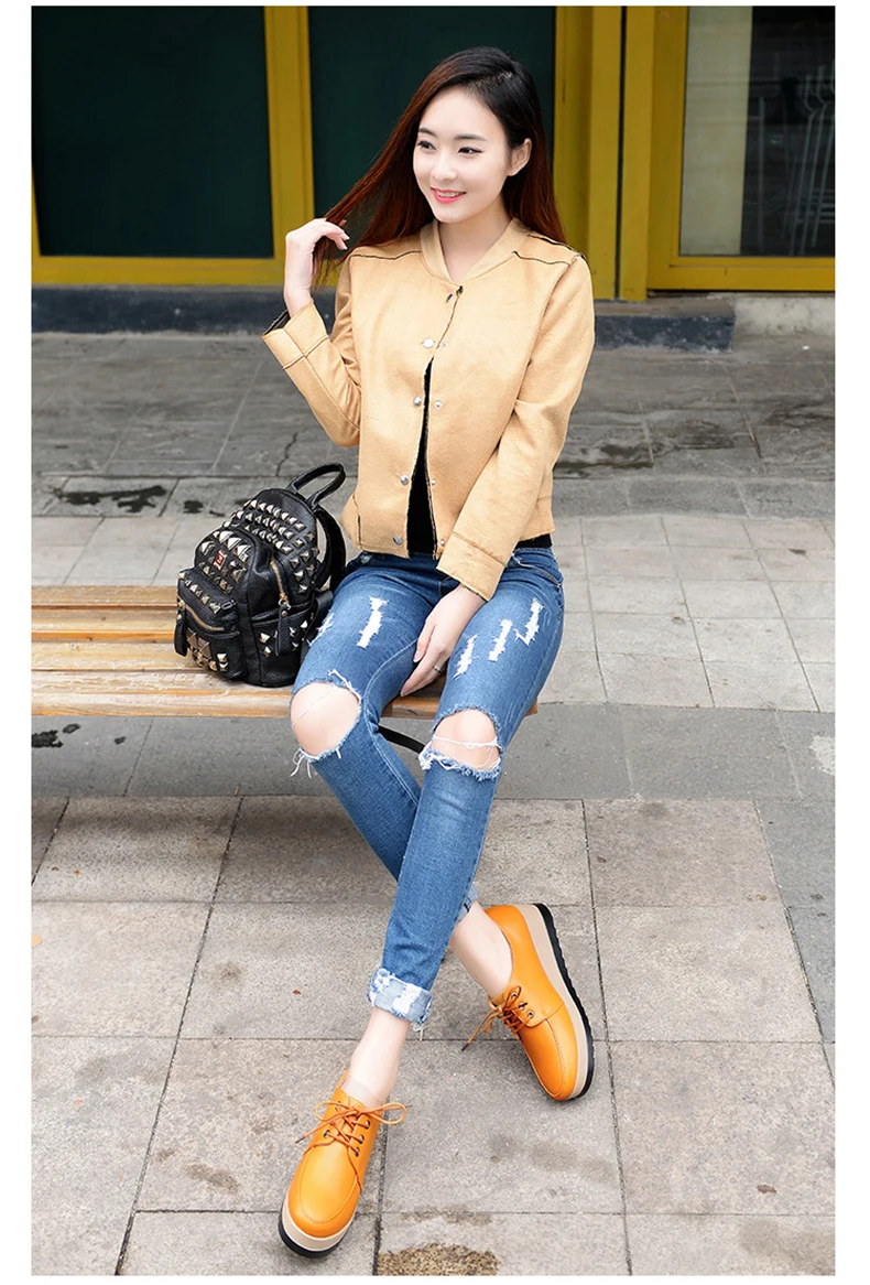 Autumn spring Wild round head Sneakers Women Leather Platform Shoes Women Casual Shoes Flats Leather Shoes Cut-Outs Flat