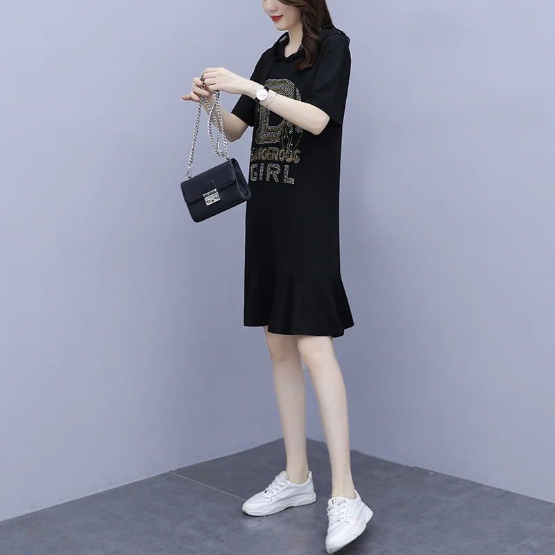 

5XL Pulse Size Mesh Hooded Sweater Dress Tencel Letter Hot Drilling Oversized Summer Dresses Short Sleeve Ruffle Women Clothes