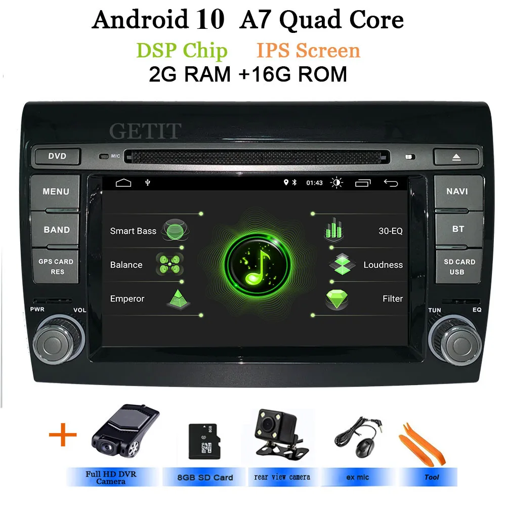 Автомобильный мультимедийный плеер Android 10 gps 2 Din стерео система для Fiat/Bravo 2007-2012 Восьмиядерный 4 ГБ ram радио am fm Wifi USB - Цвет: DSP-IPS-2G-Rear-DVR