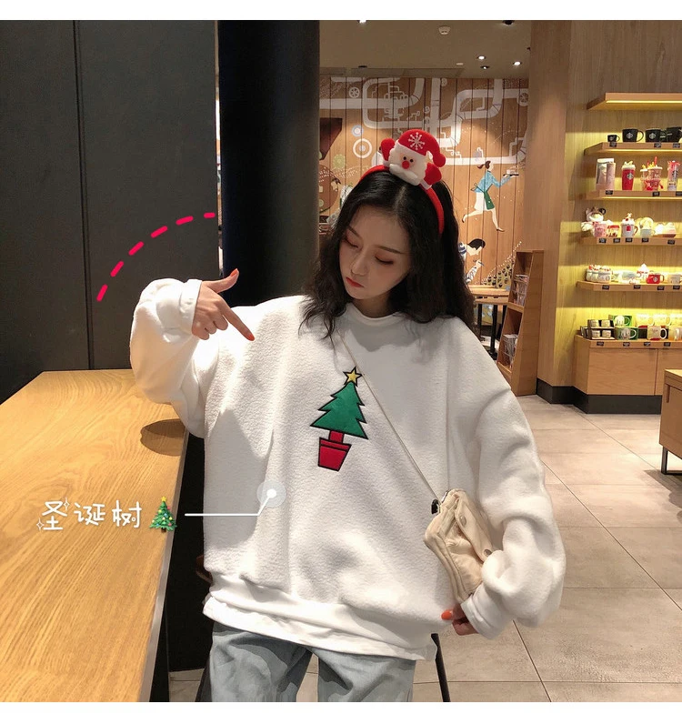 

XZ2962 Рождественская мультяшная вышивка, имитация двух частей, шитье из овечьей шерсти плюс бархатные мягкие женские свитшоты