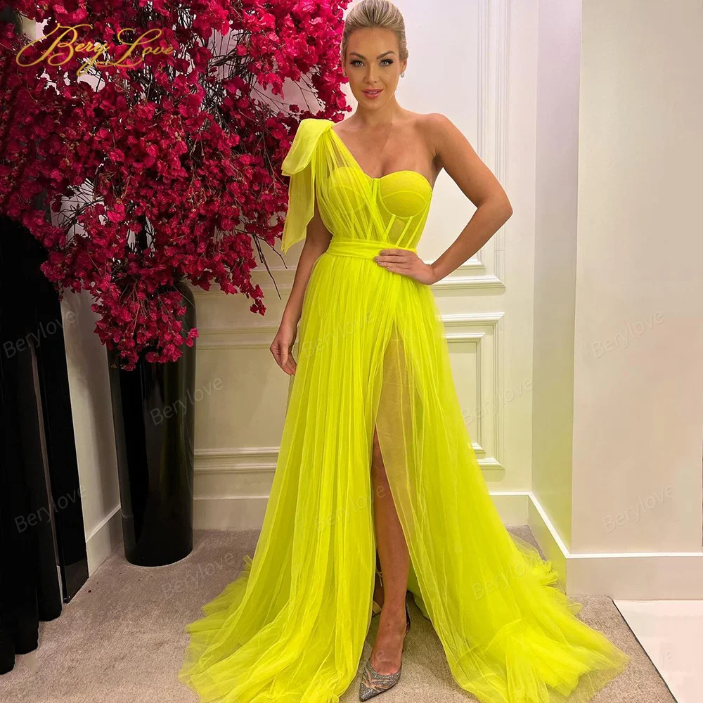

Yellow off the Shoulder Prom Dress Sweetheart Long Pleated Tulle Evening Dresses One Shoulder Elegant vestido Formal Party Gown