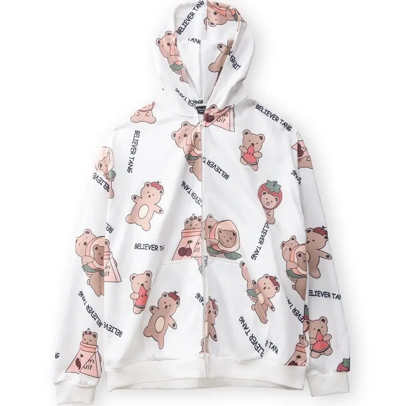Summer 2021 Fashion Zip Up Cute Bear Sweetshirt Vintage Long Sleeve Spring Clothes Women Hoodies Coat Loose Harajuku Tops New